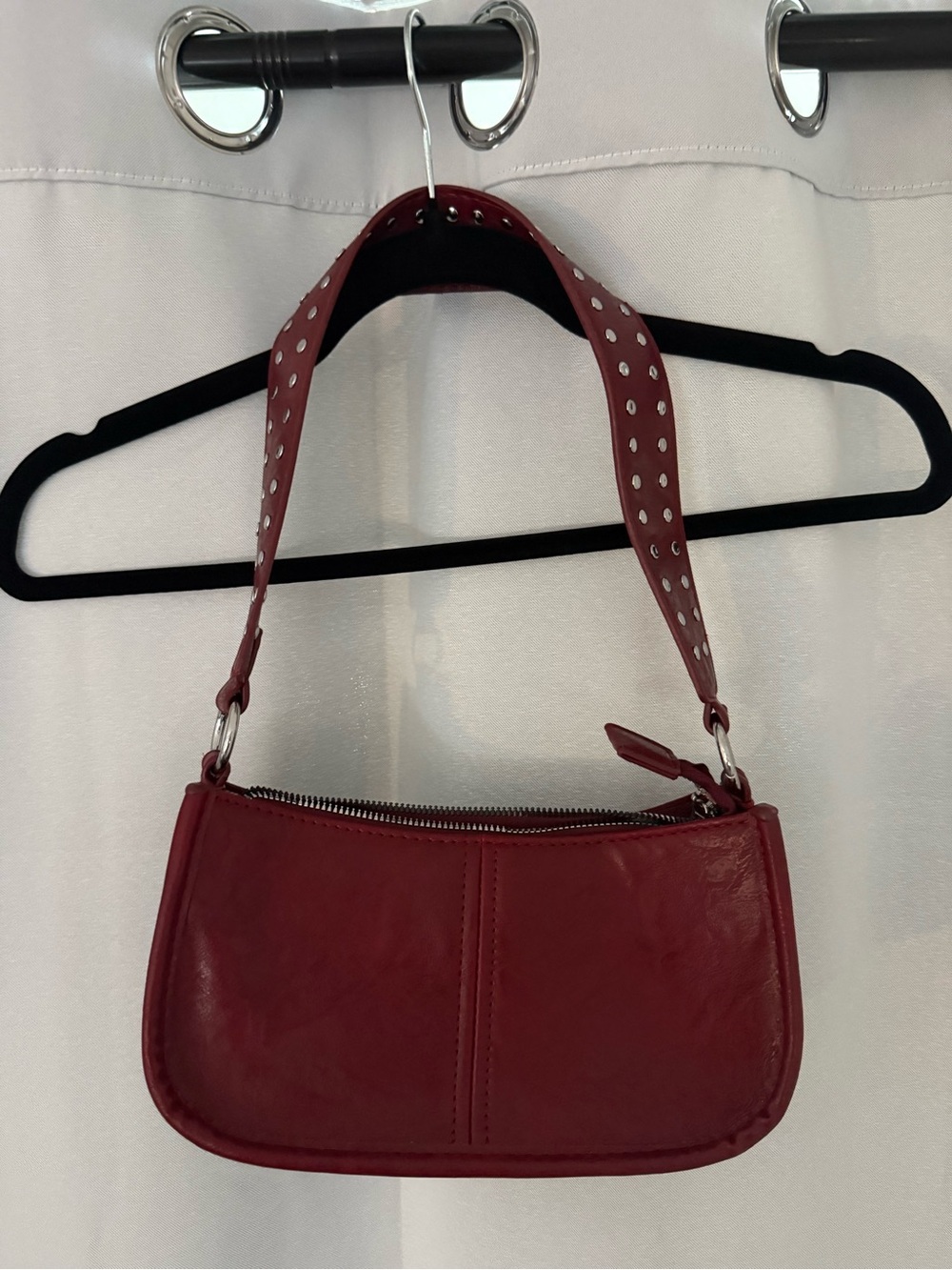 Red Leather Shoulder Bag with Studded Strap